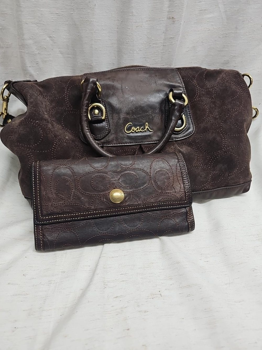 Coach Ashley Suede Satchel F15719 Brown Quilted Bag & Matching Wallet